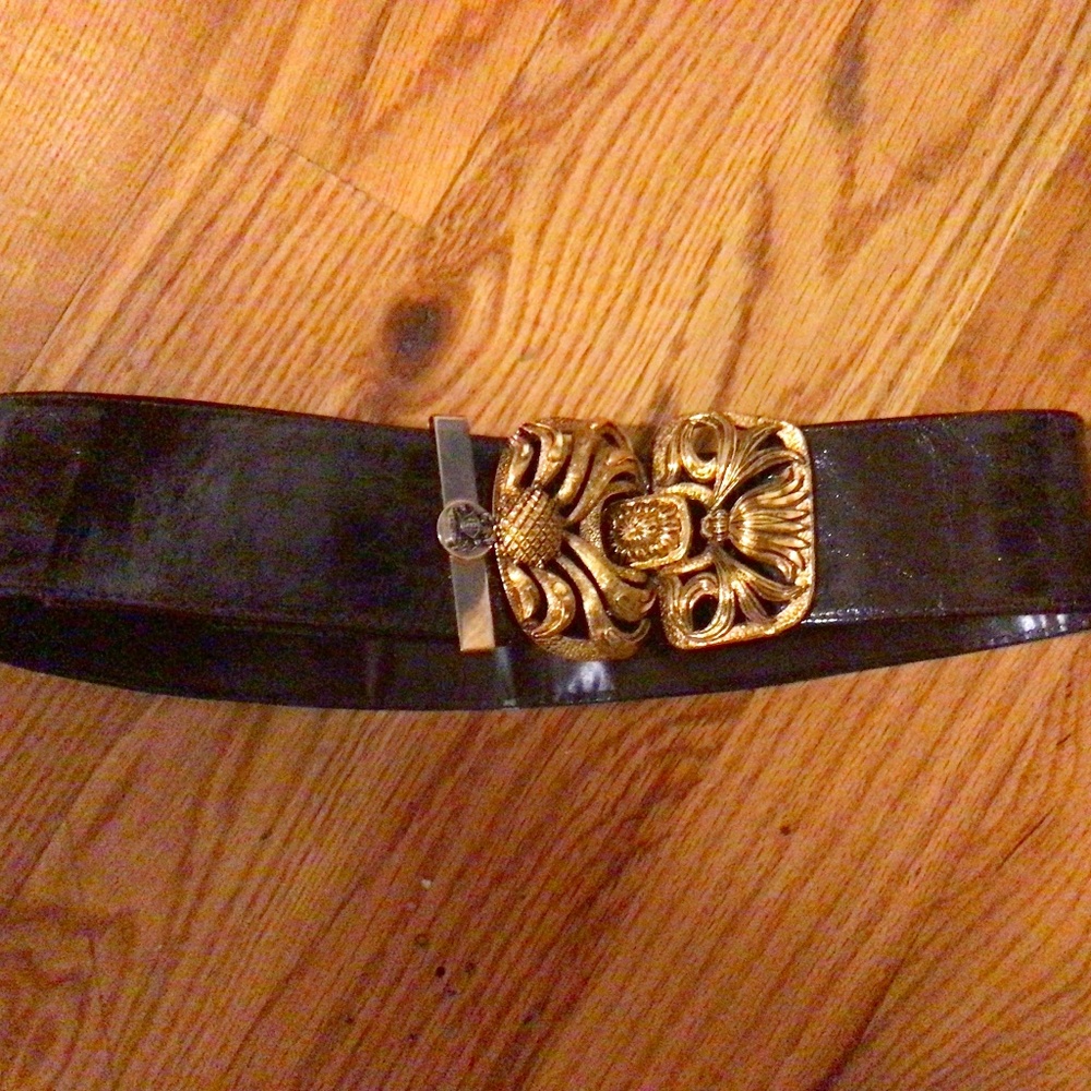Vintage Brown Vegan Belt with Gold Clasp and Cancer Astrology Decoration
